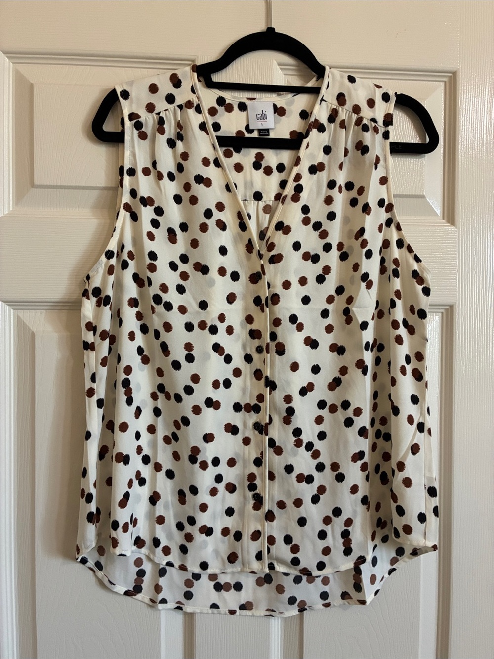 CAbi 4934 Cream Polka Dot Sleeveless V-Neck Camisole with Black and Brown Spots